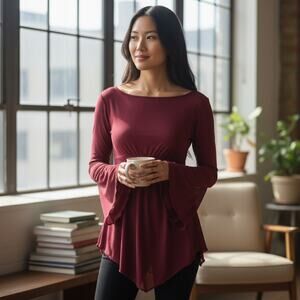 Vintage Y2K 2000s Express Red Silk Fairy Asymmetrical Long Sleeve Blouse 3/4